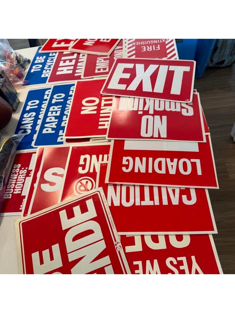 Lot of 50 Various Red and Blue Safety and Instructional Signs